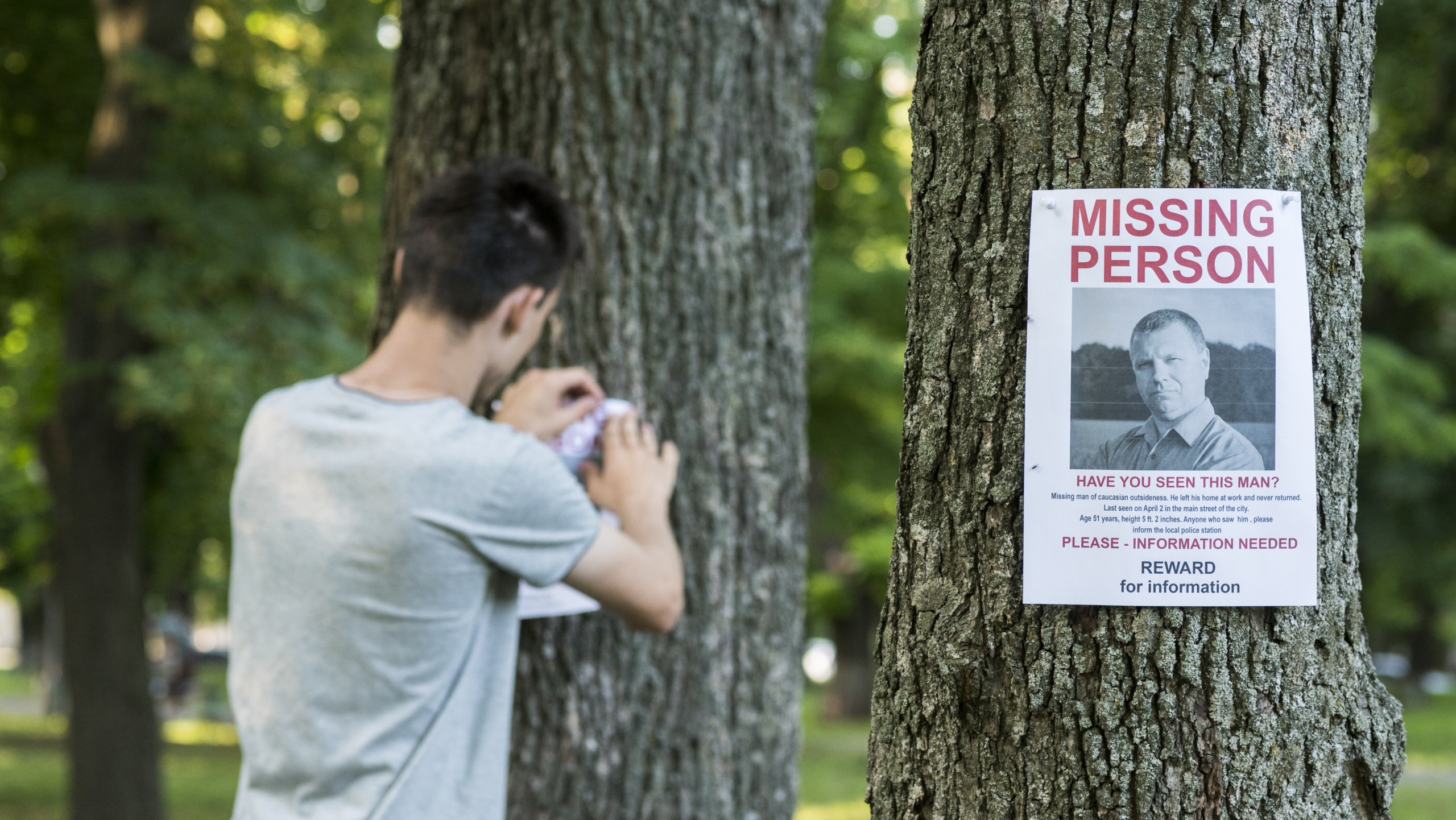 A person putting up ads for a missing person on a tree